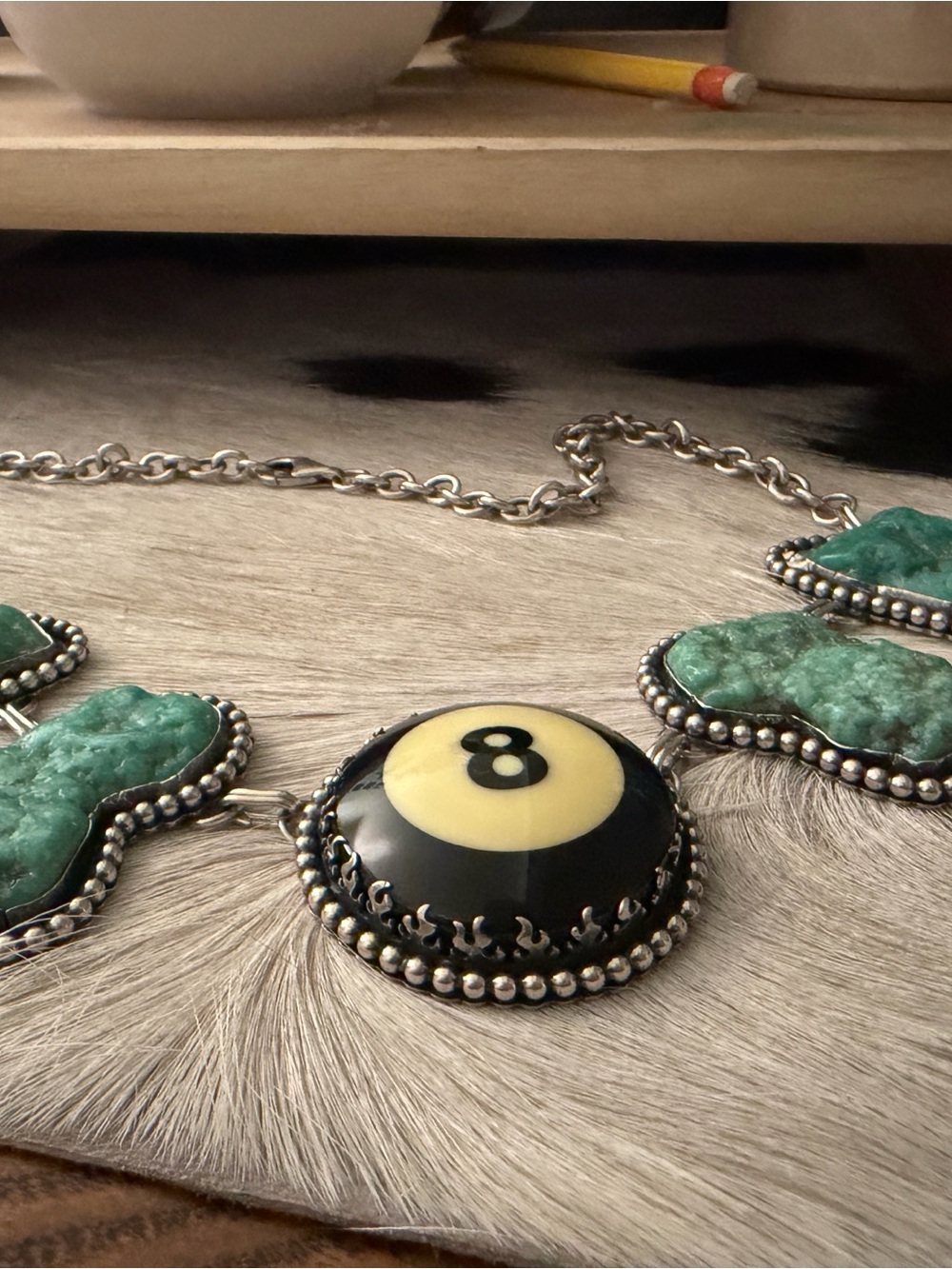 Black & Turquoise Statement Necklace with 8-Ball Accent .925 Sterling Silver
